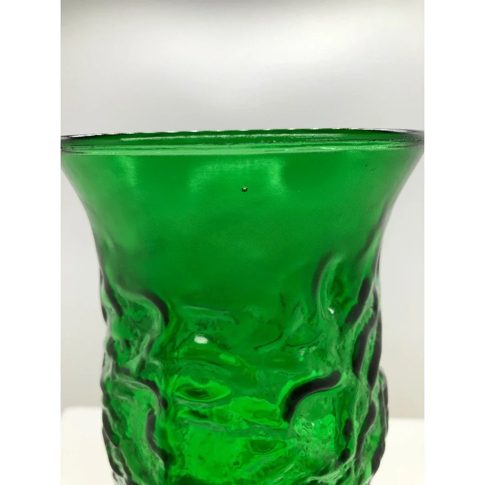 Emerald Green Textured Bark Glass Vase Mid Century Modern Style Flared 9.5 inch